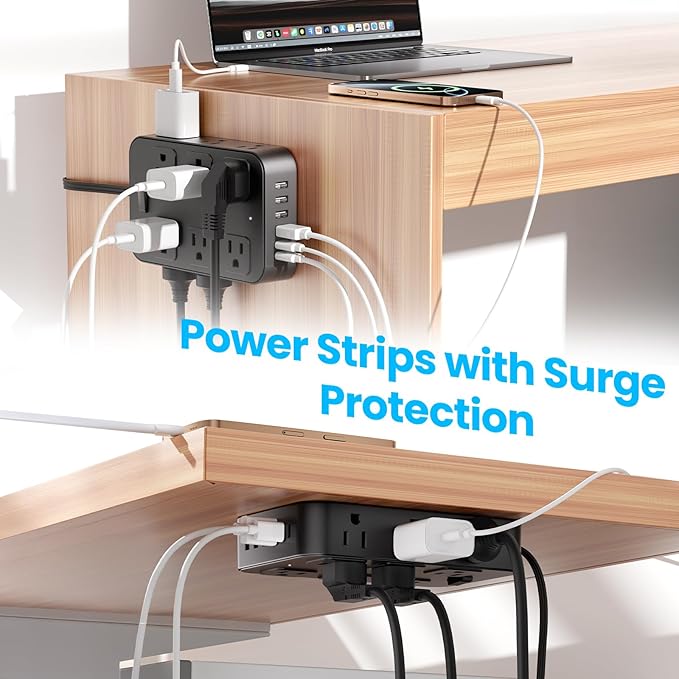 Flat Plug Power Strip Surge Protector with 12 AC Outlets 6 USB Ports 3 Side Multi Plug Outlet Extender 10 Ft Extension Cord for Home Office Kitchen Dorm Wall Desk Charging Station ETL Listed