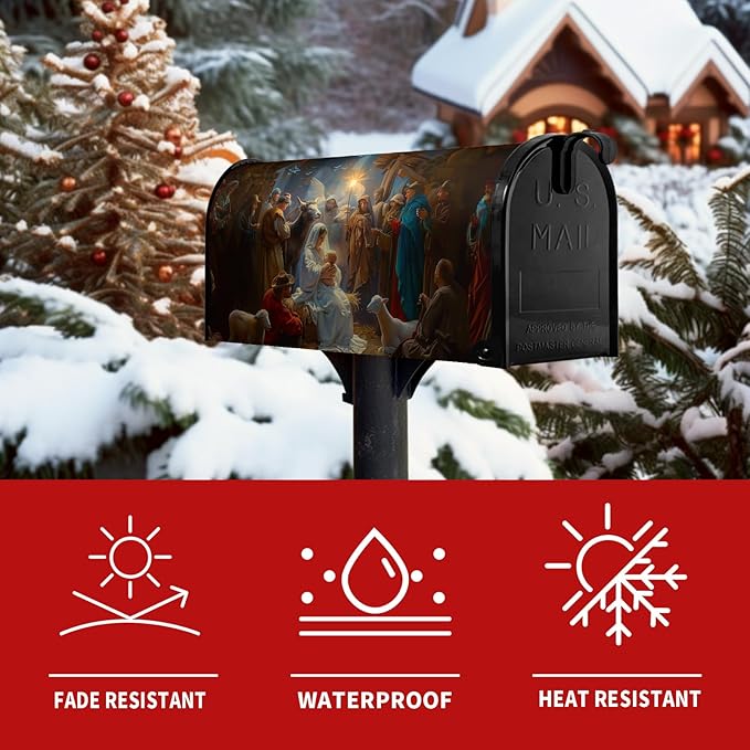 Christmas Nativity Holy Night Mailbox Covers Magnetic 21 X 18 Inch Standard Size Vintage Winter Xmas Nativity Mailbox Wraps Post Letter Box Cover for Outside Garden Yard Decor