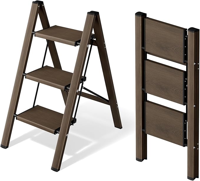 3 Step Ladder,Aluminum Folding Step Stool for Adults,Step Ladder with Wide Anti-Slip Pedal,330 lbs Capacity for Home,Office,Kitchen,Library(Walnut)