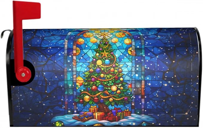 Christmas Tree Stained Glass Blue Winter Mailbox Cover - Magnetic Oversized 25.5 x 21 Holiday Xmas Decorations - Happy New Year Wrap