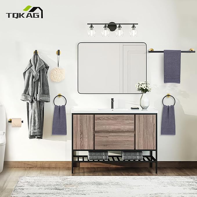 TQKAG Black and Gold Bathroom Hardware Set 6-Piece Bathroom Accessory Set 23.6 Inch Round Stainless Steel Towel Bar Set Wall Mounted