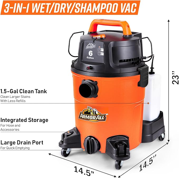 Armor All 6-Gallon* 5.5 Peak HP† 3-in-1 Wet/Dry/Upholstery Shampoo Vacuum Cleaner – VK609PFR 0901