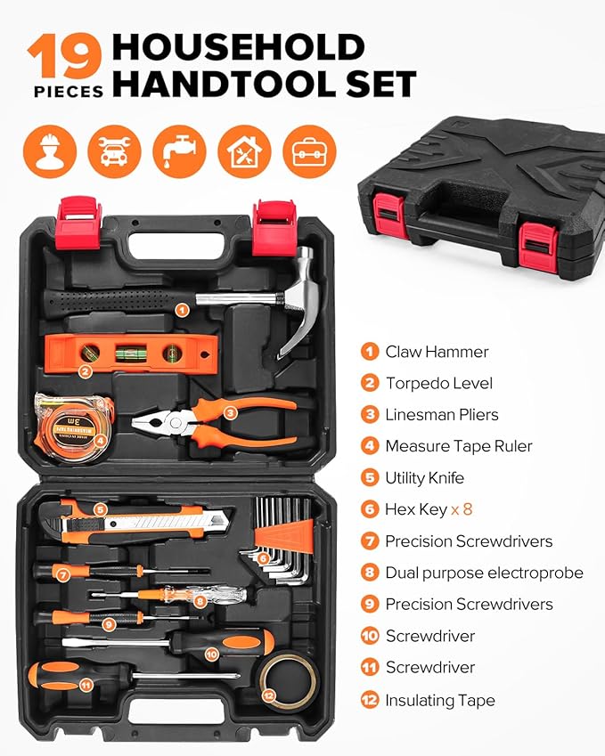 19pcs Household DIY Tool Set, Basic Tools for Home, Office, Dorm, General Hand Kit with Storage Case
