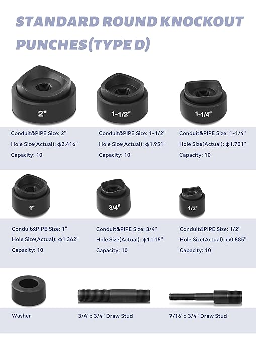AMZCNC Hydraulic Knockout Hole Punch Driver Kit 1/2 to 2 inch Electrical Conduit Hole Cutter Set KO Tool Kit Metal Sheet Puncher (8TON(1/2"~2"))