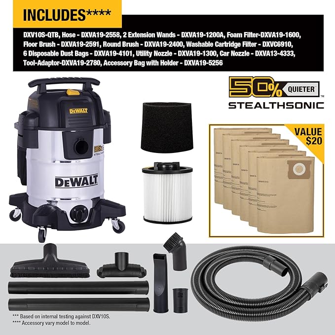 DEWALT 10 Gal Stealthsonic Shop Vacuum Wet and Dry, 5HP Heavy-Duty Stainless Steel Shop Vac, Ultra-Quiet with Complete Accessory Kit & 6 Bonus Dust Bags - Ideal for Job Sites, Workshops & Garages