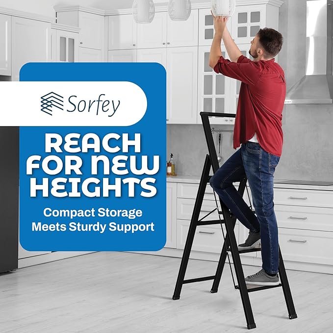 Step Ladder 4 Step Folding, Decorative - Beautiful Gray Wood & Black Aluminum, Ultra Slim Profile, Anti Slip Steps, Sturdy-Portable for Home, Office, Kitchen, Photography Use,by SORFEY