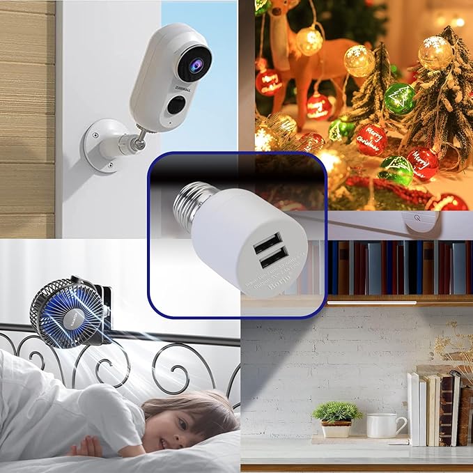 Borju Light Socket USB Adapter for Decorative Lights,Lighting,Security Camera,Mini Fan. Output DC 5V/2.4A Total,Dual Port