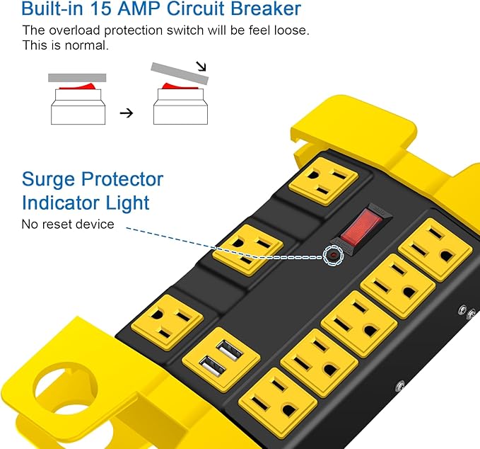 Heavy Duty Power Strip with USB, Workshop 8 Outlet Surge Protector 2700 Joules, Industrial Metal 15Amp Power Strip, 10 FT Extension Cord and Wide Spaced Black.