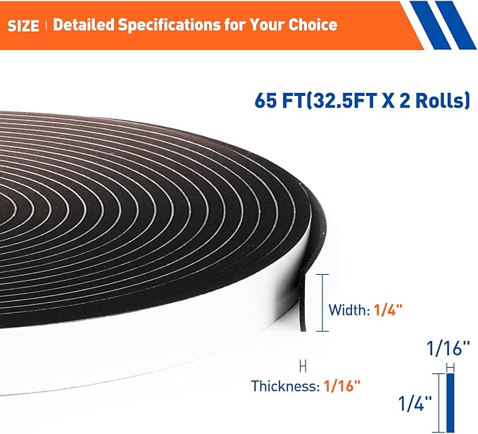 MAGZO Weather Stripping Door Seal,1/4 Inch Wide X 1/16 Inch Thick Adhesive Foam Tape Soundproof Weatherstripping for Windows, 2 Rolls Total 65FT Black