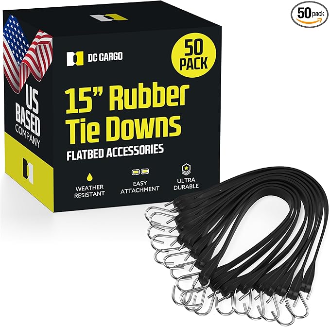 Pack of 50 Tarp Straps for Flatbed Trailers, 15" Long Natural Rubber Bungee Cord Tie-Downs Ideal for Securing Tarps, Canvases, Cargo in Cold Climates | Tie-Downs w/Metal S-Hooks