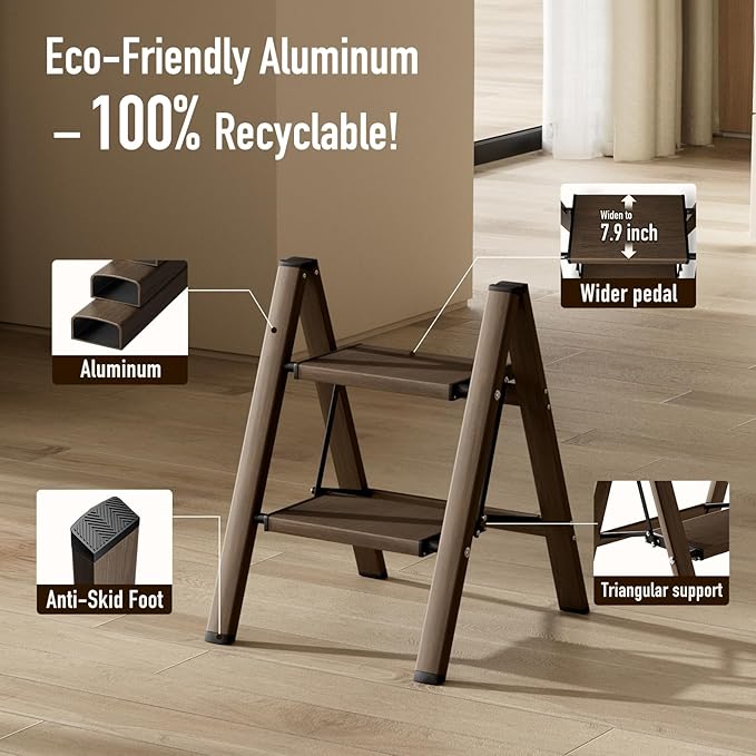 2 Step Ladder,Aluminum Folding Step Stool for Adults,Step Ladder with Wide Anti-Slip Pedal,330 lbs Capacity for Home,Office,Kitchen,Library(Walnut)