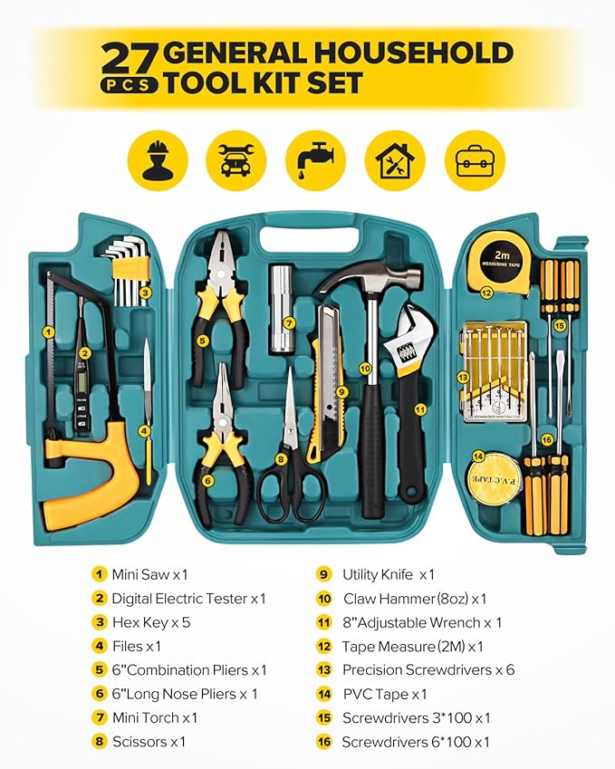27pcs General Household Tool Kit Set, Home Repair and Mechanics Hand Tool Kit with Storage Case Ideal for Men and Women in Garage, Office, or College Dorm