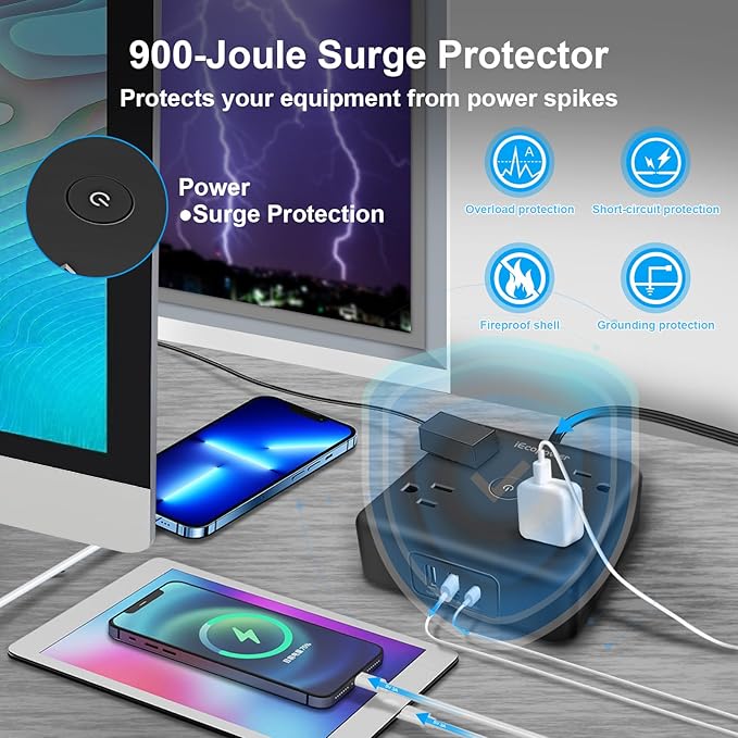 Ultra Flat Plug Surge Protector Power Strip 10 ft Cord,Long Power Strip with 4 Widely Outlets, Thin Extension Cord with 3 USB Ports(1 USB C Port),Slim Desk Charging Station,Black(2 Pack)