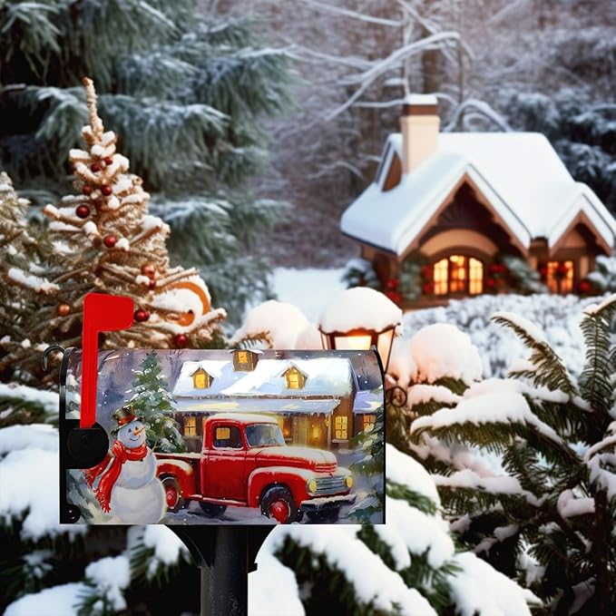 Winter Snowman Mailbox Covers Magnetic Standard Size Merry Christmas Truck Mailbox Cover Holiday Christmas Tree Snowflake Mailbox Wraps Post Cover Decor Waterproof 21 X18 Inch