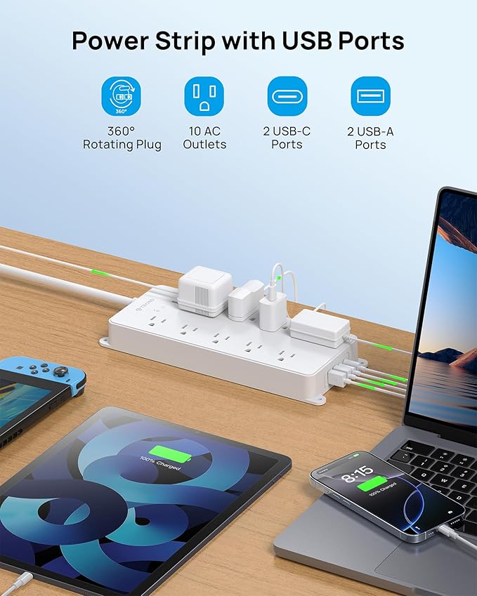 TROND 360° Rotating Plug Surge Protector Power Strip, 4000J, ETL Listed, 2 USB A and 2 USB C, 10 Widely Spaced Outlets, Flat Plug 5ft Extension Cord, Wall Mountable, for Home Office, White