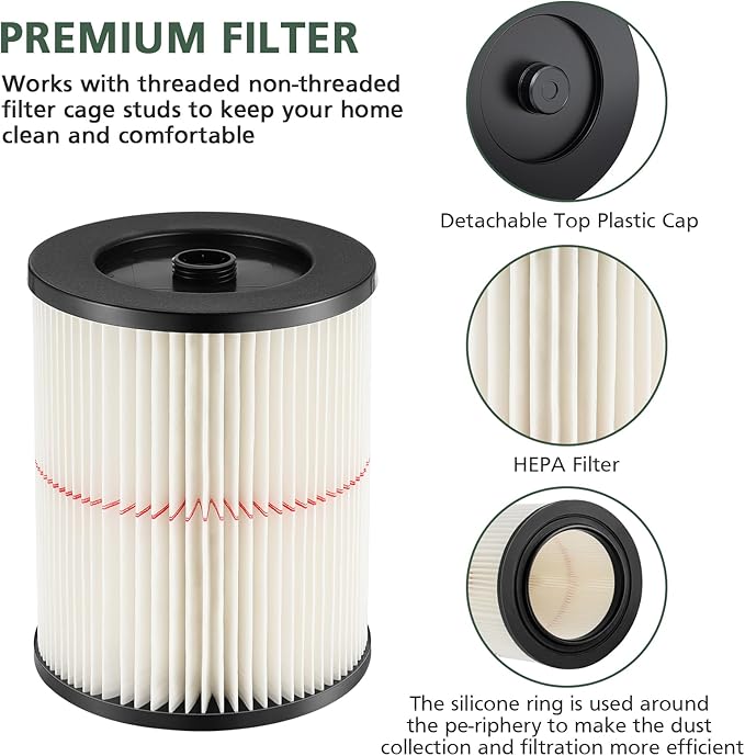 9-17816 Red Stripe Vacuum Cartridge Filter Replacement Compatible with Craftsman Wet/Dry 5/6/8/12/16/32 Gallon and Larger(2 Pack)