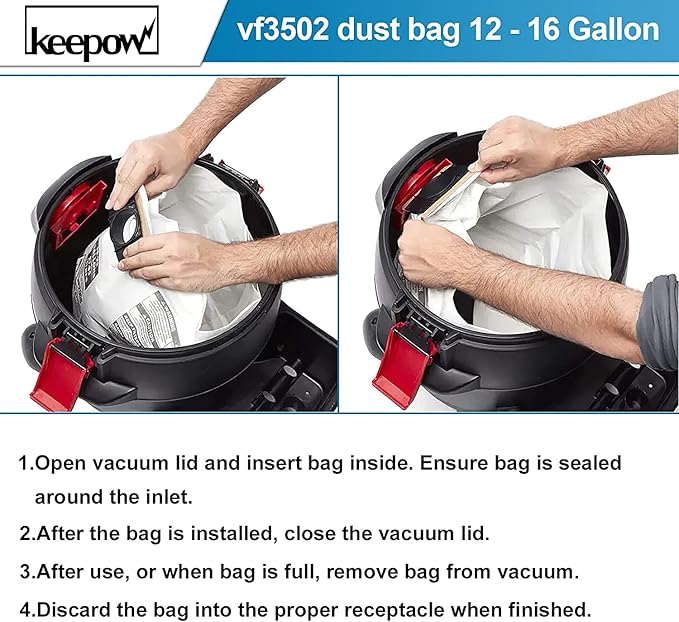 12 Pack VF3502 Shop Vac Bags, Compatible with Ridgid & Craftsman Vacuum 12-16 Gallon, Replacement Fiter Bags, 23743 VF3502 High Efficiency Dust Bags