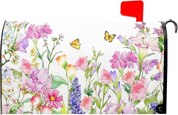 Kawani Spring Magnetic Mailbox Covers Spring Summer Watercolor Floral Butterfly Mailbox Covers Magnetic Standard Size 21x18 Inch Rustic Flower Post Letter Box Cover for Garden Yard Decor