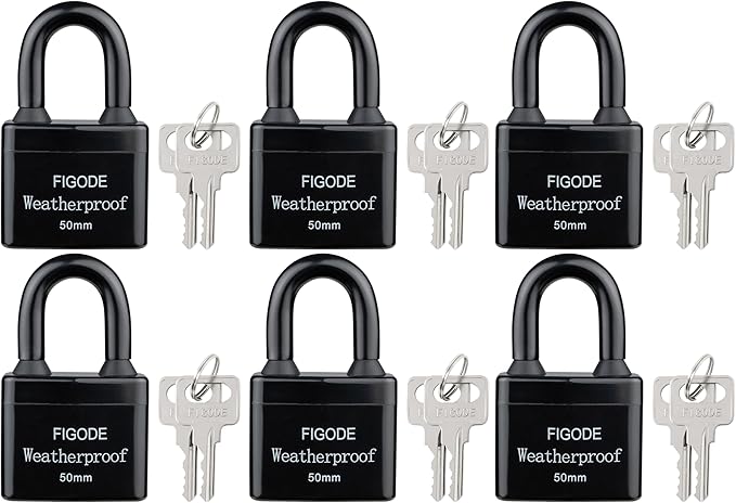 FIGODE® Outdoor Waterproof Padlocks, Covered Heavy Duty Laminated Steel Locks, Large Sturdy Locks, 2.2 in. Wide, 6 Locks Same Key, Standard Shackle