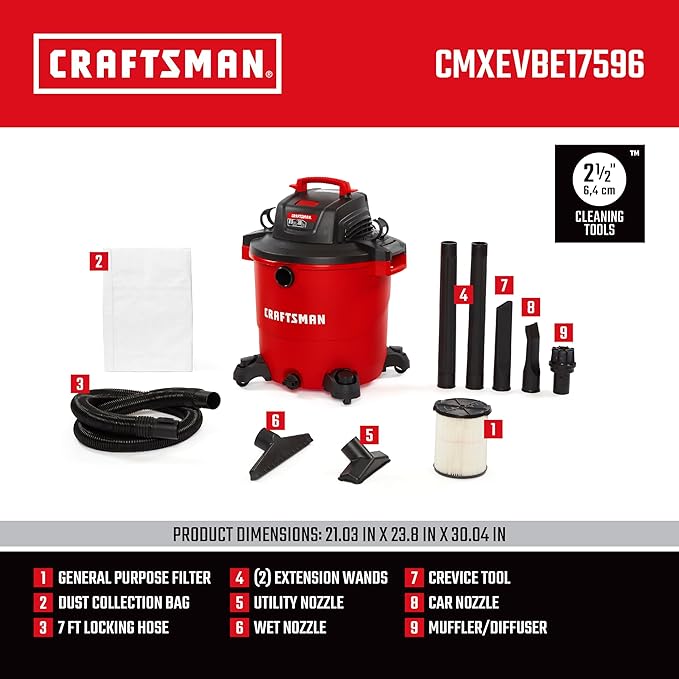 CRAFTSMAN CMXEVBE17596 20 Gallon 6.5 Peak HP Wet/Dry Shop Vac, Heavy-Duty Shop Vacuum Wet and Dry with Filter, Dust Bag, Hose and Attachments for Shop, Garage, Jobsite Cleaning