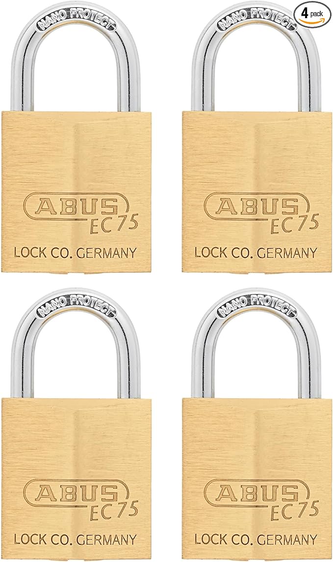 ABUS 75/30 4 Pack Small Solid Brass Padlock with 2 Keys for Outdoor, School, Gym, 1 9/64in (30mm) Wide, Keyed Alike