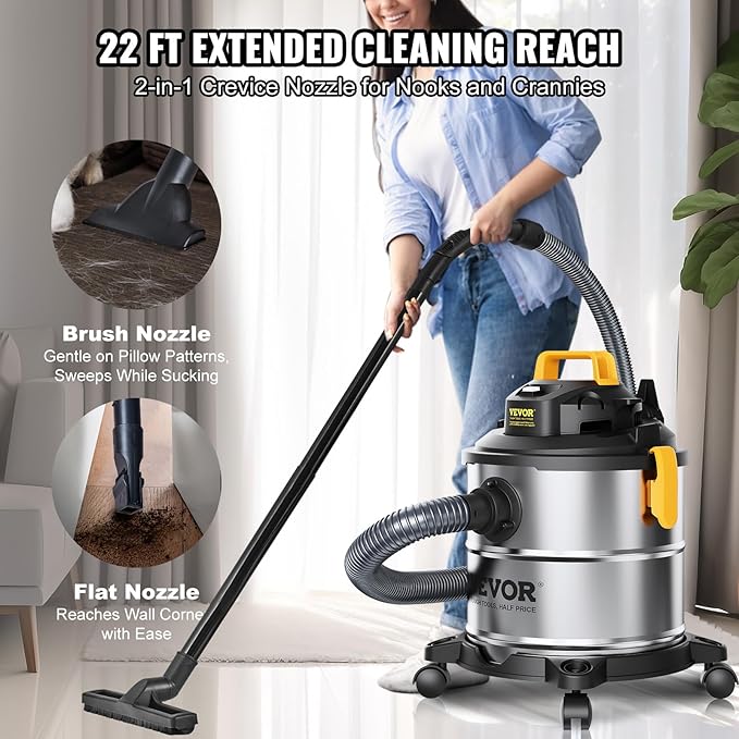VEVOR Stainless Steel Shop Vac Wet and Dry Vacuum Cleaner 5.5 Gallon 6 Peak HP - Powerful Suction with Blower Function & Attachments 2-in-1 Crevice Nozzle - Perfect for Car Carpet Debris Pet Hair