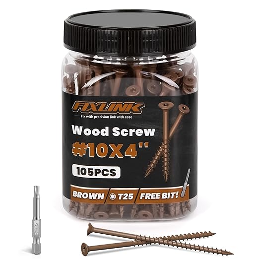 Wood Screws 4 Inch, FIXLINK Deck Screws #10 x 4, 105 PCS, Epoxy Coated, T25 Star Bit Above 1500 Hour Salt Spray Coating Outdoor Decking Screws Excellent Rust Resistant for Wood Fence, Brown