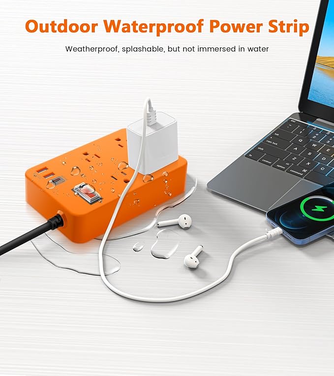 Outdoor Power Strip Weatherproof,Fast Charging Station 20W USB C,Waterproof Surge Protector 4 Outlets, Multi Outlet Extension for Camping, Garden, Kitchen,Bathroom,Flat Plug (Orange, 10 FT Cable)