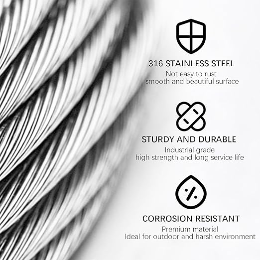 Wire Rope 164Ft 1/8" T316 Stainless Steel Cable 7 x 19 Strand Core Industrial Grade Stainless Steel Wire for Deck Railing, Cable Railing, Aircraft Cable, Outdoor Hanging