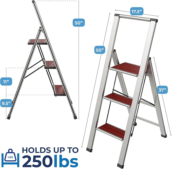 Step Ladder 3 Step Folding, Decorative - Beautiful Mahogany & Silver Aluminum, Ultra Slim Profile, Anti Slip Steps, Sturdy-Portable for Home, Office, Kitchen, Photography Use,by SORFEY