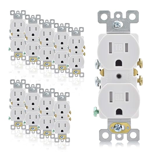 AIDA 10 Pack 15 Amp Outlet Duplex Electrical Receptacle Outlets,Power Outlet,Tamper Resistant,Heavy-Duty Receptacle, 2 Pole,3-Wire, Self-Grounding Clip, NEMA 5-15R,UL Listed,White