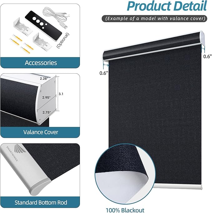 SmartWings Motorized Smart Blinds with Remote, Custom Automatic 100% Blackout Roller Shade Compatible with Alexa/Homekit/Google, Electric Smart Blinds for Indoor Windows, Eclipse Onyx Black