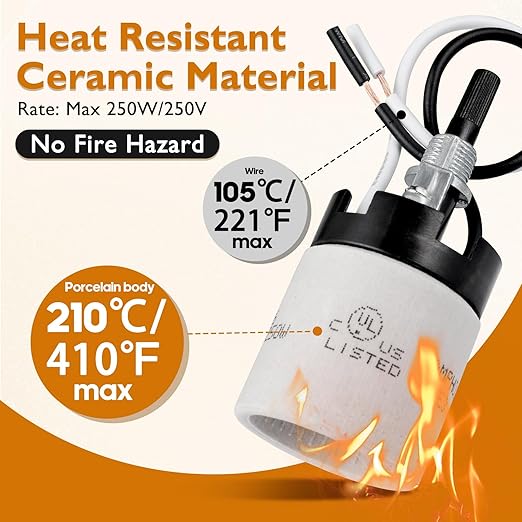 UL Listed Porcelain E26 Lamp Socket with 6'' Wire Lead, High Temp Resistant, Rotary Knob ON/Off Switch with 2 Wire Connectors Nuts for DIY Table Lamp,Pendant Light Replacement (1)