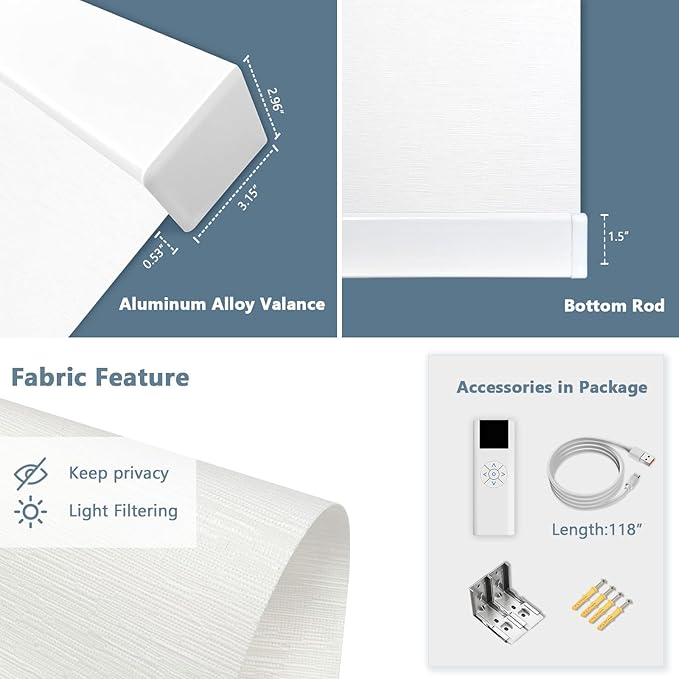 Motorized Blinds with Remote Cordless Automatic Motorized Shades Custom Blinds for Windows Smart Curtains Compatible with Alexa Google Home(Light Filtering Cloud White,W70 x H72in)