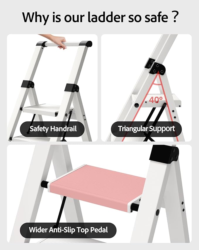 Taranta 3 Step Ladder, Lightweight Aluminum Step Stool with Convenient Handgrip, Folding Ladder with Anti-Slip Pedals, 330lbs Capacity Stepladder for Home, Office, Kitchen - White