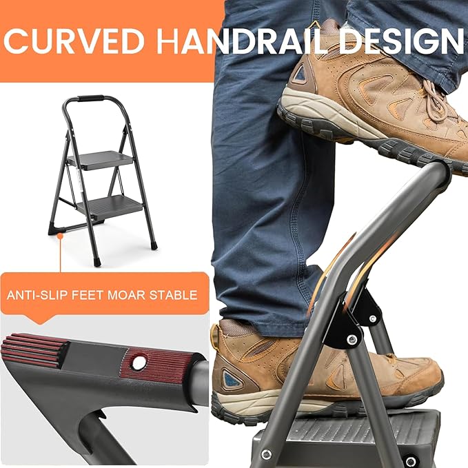 Step Stool for Adults,2 Step Ladder Folding 330lbs Anti Slip Step Stool,Foldable Ergonomic 2 Steel Stool with Wide Pedal for Home, Kitchen, Office (Gray)