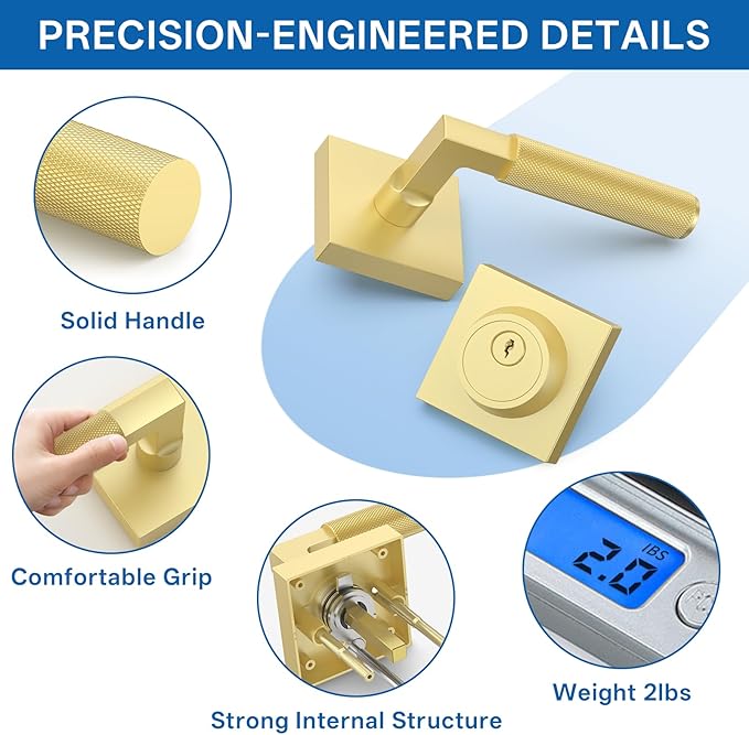 Amerdeco Front Door Lock Set with Double Cylinder Deadbolt, Exterior Entry Door Lever, Heavy Duty Entry Door Locksets for Left or Right Hand Exterior Door(Brushed Gold 2 Pack)