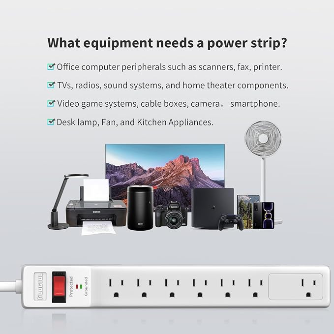 PLUGTUL Surge Protector 20FT (980 Joules), Flat Plug Power Strip, Extension Cord with Multiple Outlets, 7 Outlets, ETL Listed, 14 Gauge, Wall Mountable for Home Office Garage, White