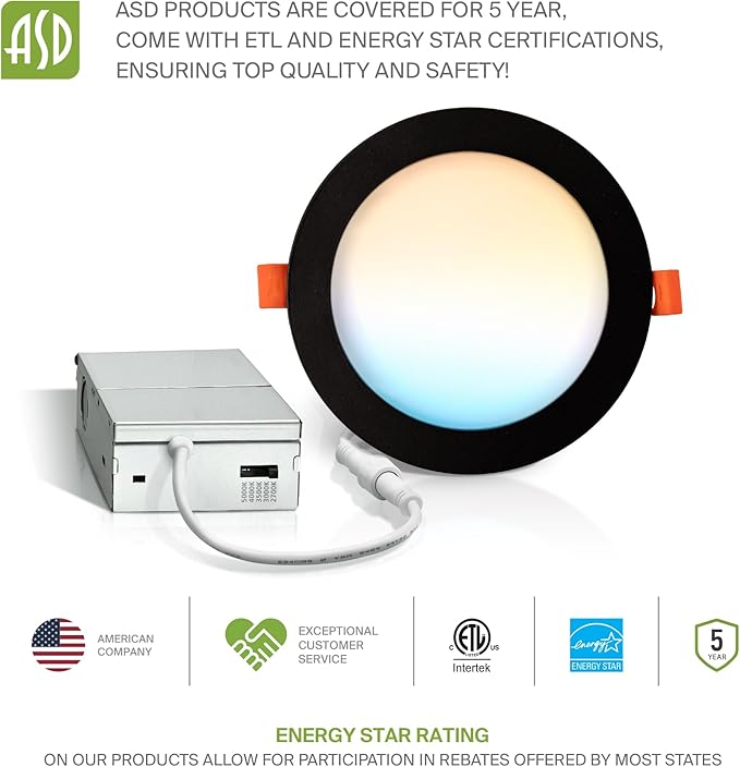 ASD 6 Pack LED Recessed Lighting 6 Inch 12W, 5 CCT 2700K-5000K CRI90+, IC Rated Ultra Thin Dimmable Ceiling Lights with J Box, Canless Wafer Downlight, Round Slim Panel Light, Energy Star ETL, Black