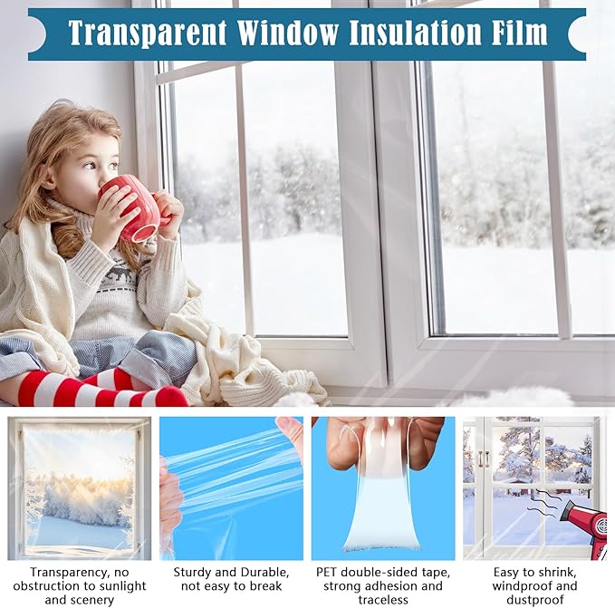 Window Insulation Kit, 63 × 394 Inch Plastic Window Coverings for Winter, Thicken Window Shrink Film Insulator Kit Windows Waterproof Winterizing with 5 Double-Sided Tape for 10 Pcs 3 x 5 Ft Windows