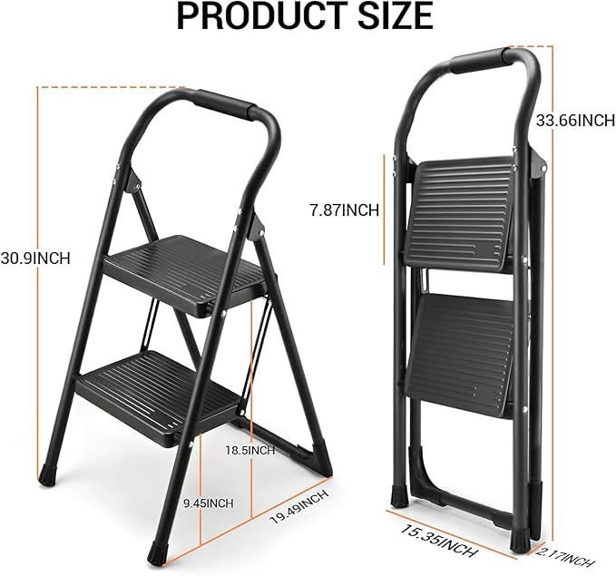 Step Stool for Adults,2 Step Ladder Folding 330lbs Anti Slip Step Stool,Foldable Ergonomic 2 Steel Stool with Wide Pedal for Home, Kitchen, Office (Matte Black)