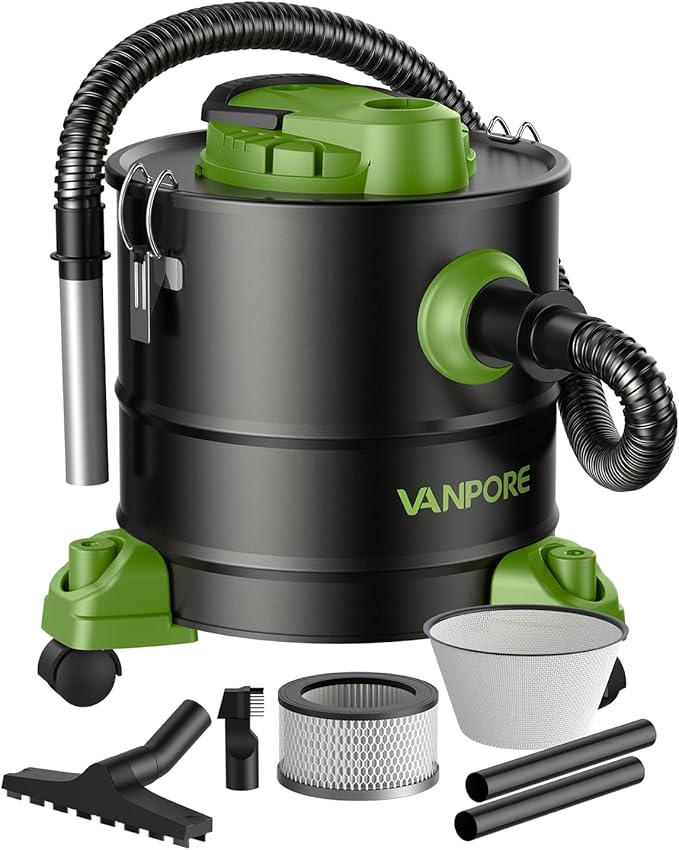 Ash Vacuum Cleaner 5.2 Gallon with 1200w Suction Power&Wheeled Base, Ash Vacuum for Pellet Stoves, Fireplaces, Grill, Wood Stove, Fire Pits,Green