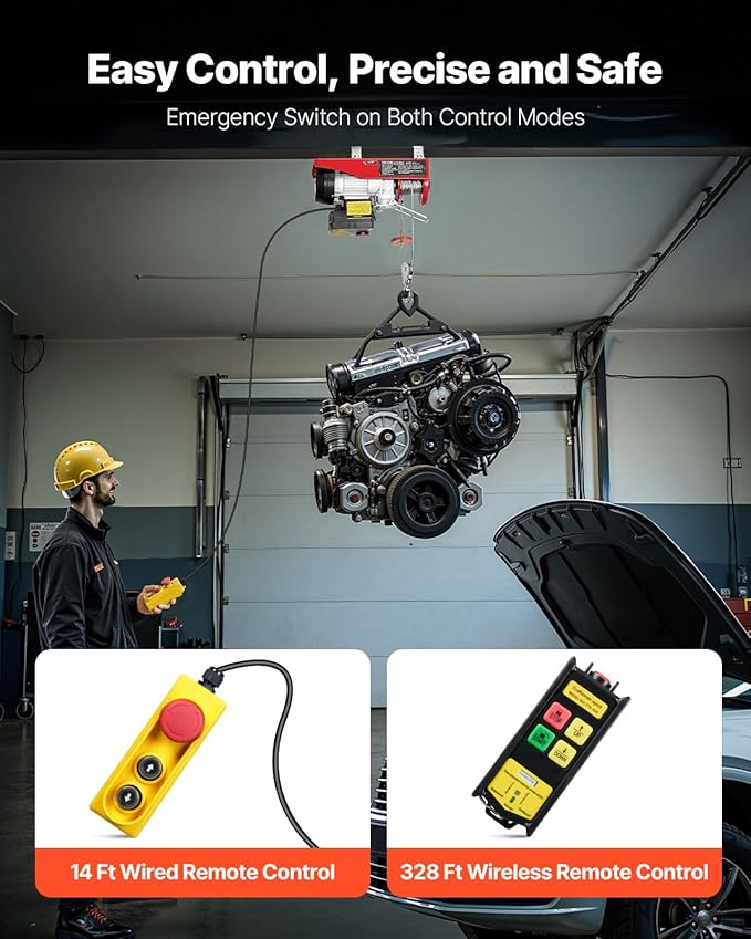 VEVOR Electric Hoist, 440 lbs 120V Electric Winch with 328 ft Wireless & 14 ft Wired Remote Control, 40 ft Single Cable Lifting Height, Single/Double Slings, Lift Hoist for Garage Warehouse Factory