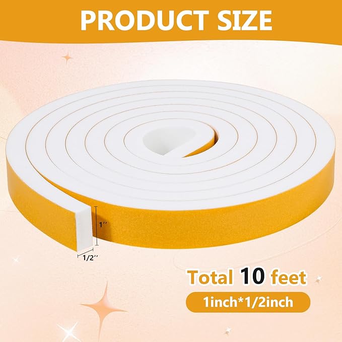 Weather Stripping Seal (1 Inch X 1/2 Inch) for Door Window, 10Feet High Density Foam Tape, Soundproofing, Insulation Strip, Door Sealers for Door Frame- White