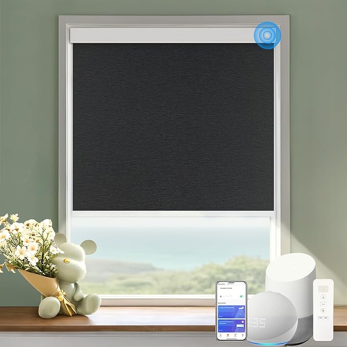 Motorized Blinds with Remote Cordless Automatic Motorized Shades Custom Blinds for Windows Smart Curtains Compatible with Alexa Google Home(Blackout Jacquard Black,W68 x H72in)