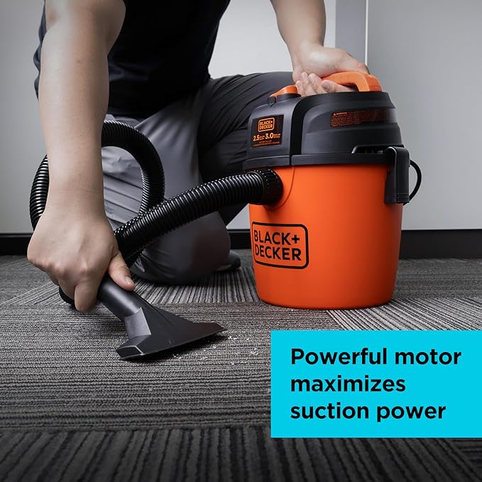 BLACK+DECKER Shop Vacuum, Wet/Dry Mini Shop Vac with Accessories, 2.5 Gallon, 3 Peak HP, Small Vacuum for Garage, Home & Pets, 80 CFM, BDXV18134PA
