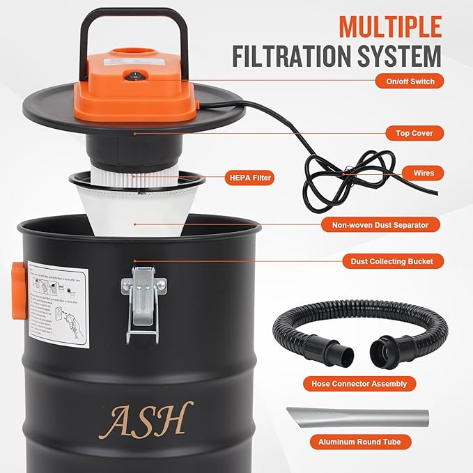 Ash Vacuum Cleaner -4 Gallon Fireplace Ash Vac with 800w Powerful Hose Non-Woven Dust Separator | Dry Stove Vacuum for Fireplaces Pellet Grill Wood Stove Fire Pits Orange
