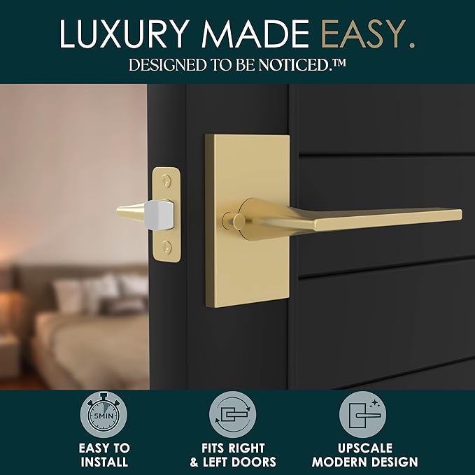 Mega Handles Apex Privacy Door Handle - 1 Pack Interior Reversible Gold Door Handle, Heavy Duty Bed & Bath Door Handles with Privacy Door Lock, Fits All Standard Doors - Satin Brass