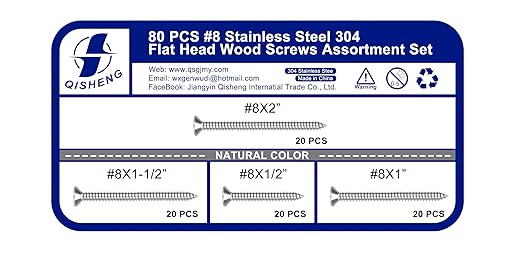 QISHENG 80 PCS #8 Stainless Steel Phillips Flat Head Wood Screws Assortment Set,Stainless Steel 18-8 A2(304) Screw,Home Screw Kit