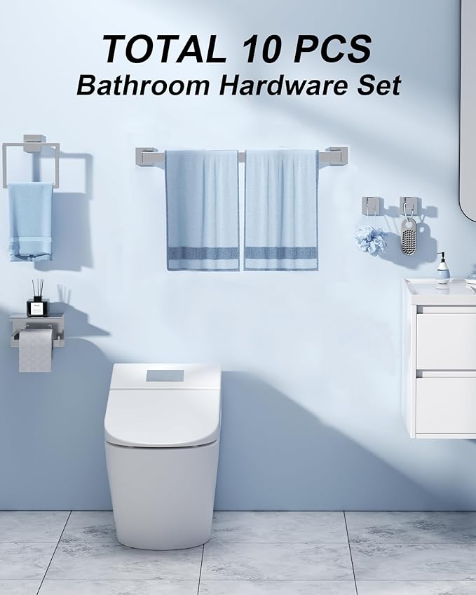 Brushed Nickel Bathroom Hardware Set, 10-Piece Stainless Steel Square Bathroom Towel Rack Set with 2× 24" Towel Bars, 2× TP Holders with Shelves, 2× Rings, 4× Robe Hooks